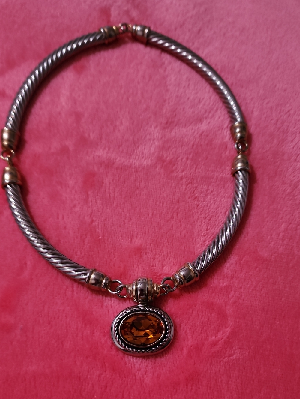 Silver-Tone Cable Necklace with Amber Pendant